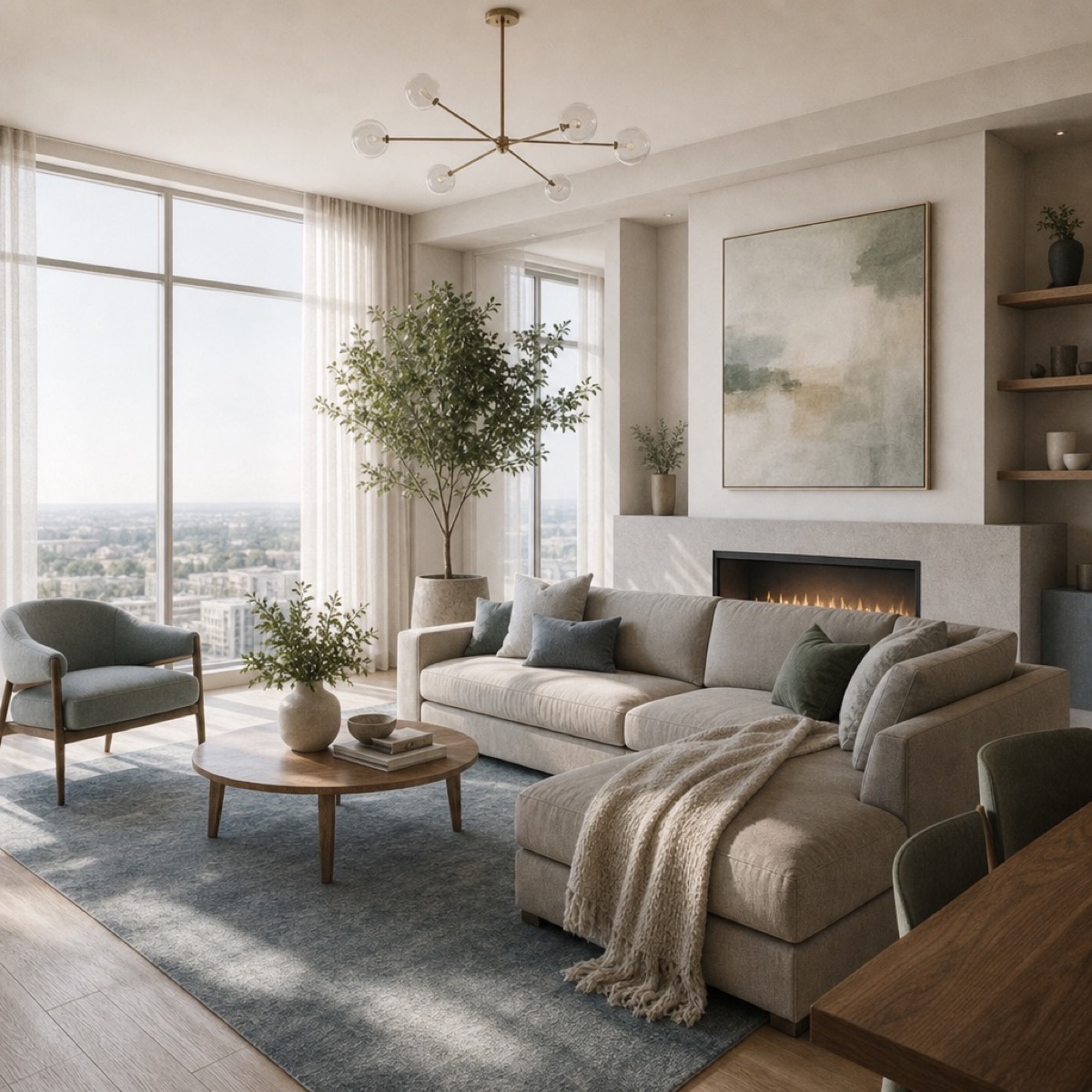 Contemporary living room with large windows